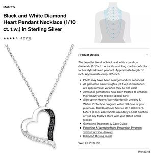 Macys black and white diamond heart necklace sterling silver NEW